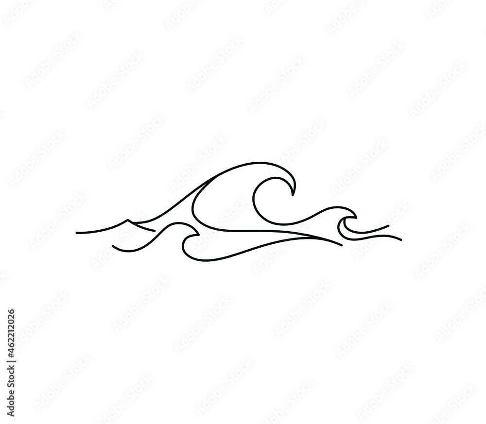 Wall mural vector isolated one line simple waves line drawing. single line waves minimal tattoo sketch.
