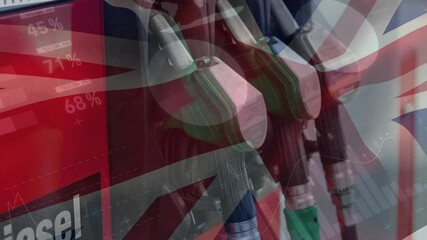 Animation of waving uk flag and financial data processing over petrol pumps - Powered by Adobe
