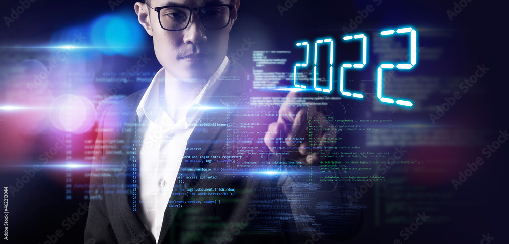 Poster digital technology 2022 new year background, businessman hand finger pointing mission vision busines