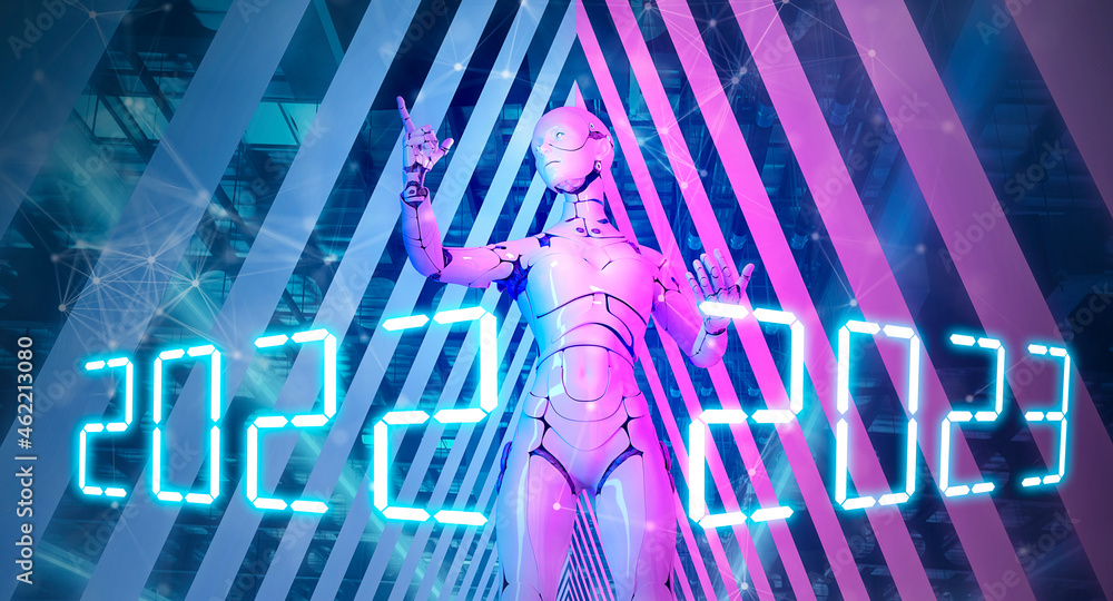 Poster 2022 2023 new year background ai artificial intelligence digital technology concept, 3d robot pointi