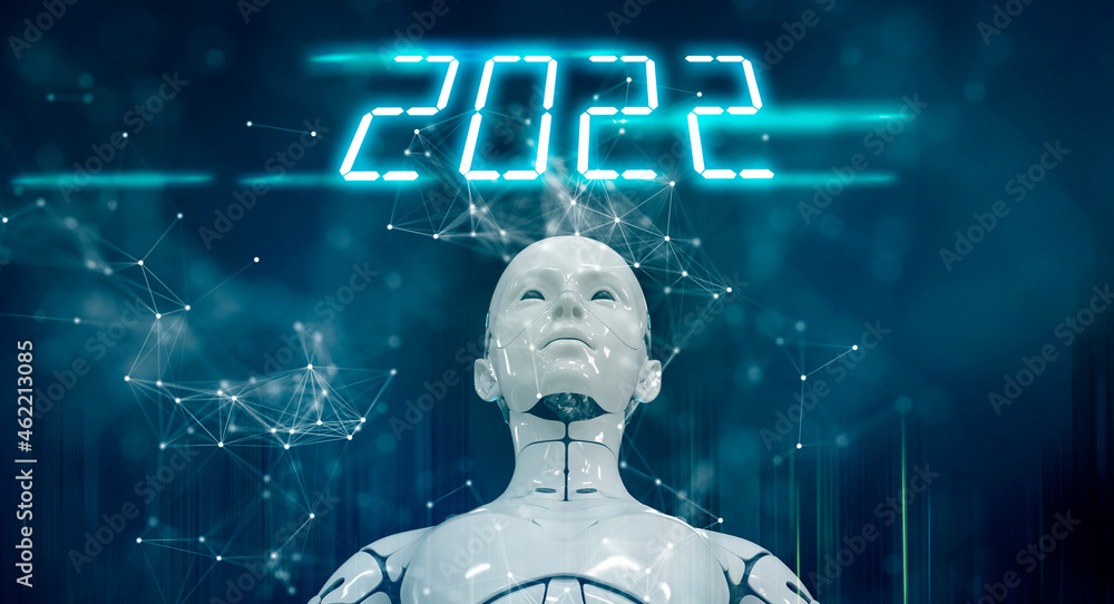 Poster 2022 new year background ai artificial intelligence digital world technology concept, 3d robot face 