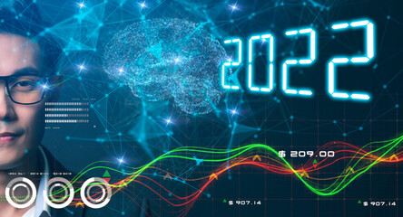Digital technology 2022 new year background, businessman face close up mission vision business marketing sale commercial graph chart revenue company data cyber space digital world metaverse background