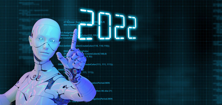 2022 New year background AI artificial intelligence digital technology concept, 3D robot hand pointing finger abstract cyber space computer coding programming background.