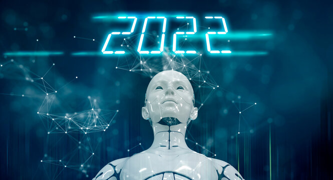 2022 New year background AI artificial intelligence digital world technology concept, 3D robot face close up abstract cyber space metaverse background.