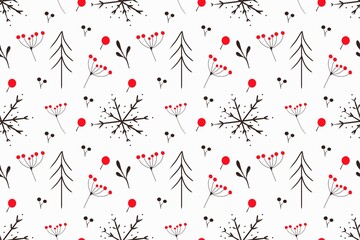 Fototapeta premium Seamless Christmas pattern. Christmas tree, snowflakes, red berries on a white background. Hand drawing illustration