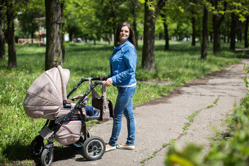 Fototapeta premium Young mother walking and pushing a stroller in the park