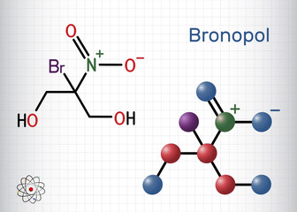 Bronopol molecule. It is preservative, is used as a microbicide or microbiostat. Structural chemical formula and molecule model. Sheet of paper in a cage