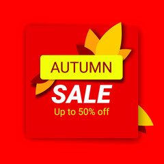 Advertising vector banner "Autumn sale" with orange and yellow leaves on red background.