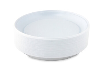 Stack of disposable plastic plates isolated on white background
