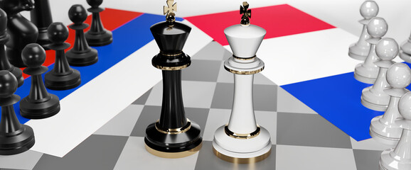 Russia and France conflict, clash, crisis and debate between those two countries that aims at a trade deal and dominance symbolized by a chess game with national flags, 3d illustration