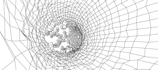 Obraz premium Wireframe abstract tunnel. 3D tunnel grid. Futuristic 3d portal. Network cyber technology. Vector illustration.