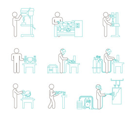 Pictograms line Icon collection of electric machine tools  for metal, plastic. Machines used in production in various types of industry.