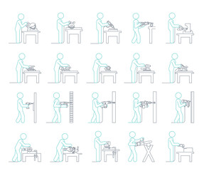 Line Icon set of Electric machine tools used in production in various types of industry.  Pictograms representing people doing jobs with power electric hand tools.