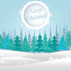 Merry christmas background with snowy forest. Christmas greeting card.