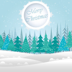 Fototapeta premium Merry christmas background with snowy forest. Christmas greeting card.