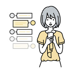 立ってスマートフォンで楽しくチャットで会話するオフィスカジュアルの女性