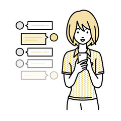 立ってスマートフォンで楽しくチャットで会話するポロシャツの女性