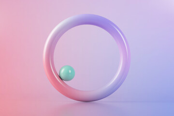 Three dimensional render of green ball balancing on edge of purple ring