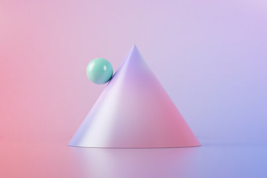 Three dimensional render of green ball balancing on slope of purple cone