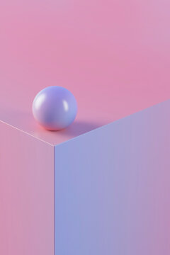 Three dimensional render of purple sphere lying on top of purple edge