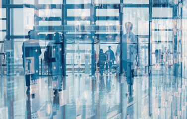 business people walking in modern office building, double exposure background