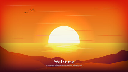 Sunset or sunrise in sea. Vector illustration with beautiful backdrop, nature landscape background. Evening or morning view. Cartoon style illustration.
