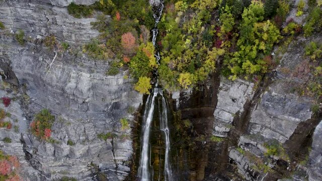 Overhead View of Gushing Waterfall of Bridal Veil Fall in Utah Mountains, Aerial