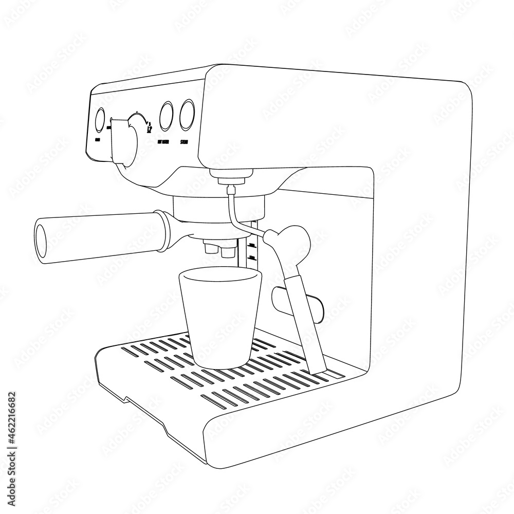 Poster outline of a coffee machine from black lines isolated on a white background. perspective view. vecto