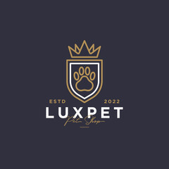 luxury pet shop minimalist line art logo, paw with golden crown and shield simple modern icon logo vector illustration design