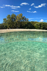 Underwater split photo of famous bay and sandy turquoise beach of Fanari with crystal clear calm sea and rich aquatic life in Ionian island of Meganisi, Greece