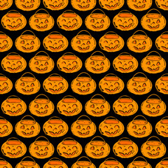 Seamless pattern with pumpkins on black background. Happy Halloween.