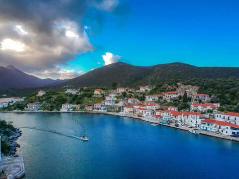 Beautiful aerial view at Ierakas, a picturesque fishing village in Laconia, Greece. The village is also known as the Greek natural Fjord due to the geomorphology of the place. Peloponnese, Greece