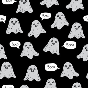 Halloween seamless pattern of cute little ghosts with babble speech