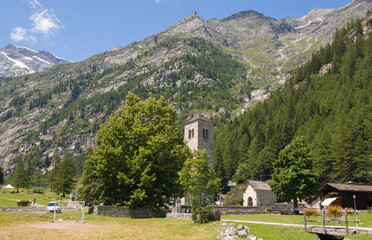 Panoramic view of Macugnaga walser village in the Piedmont alps, Italy