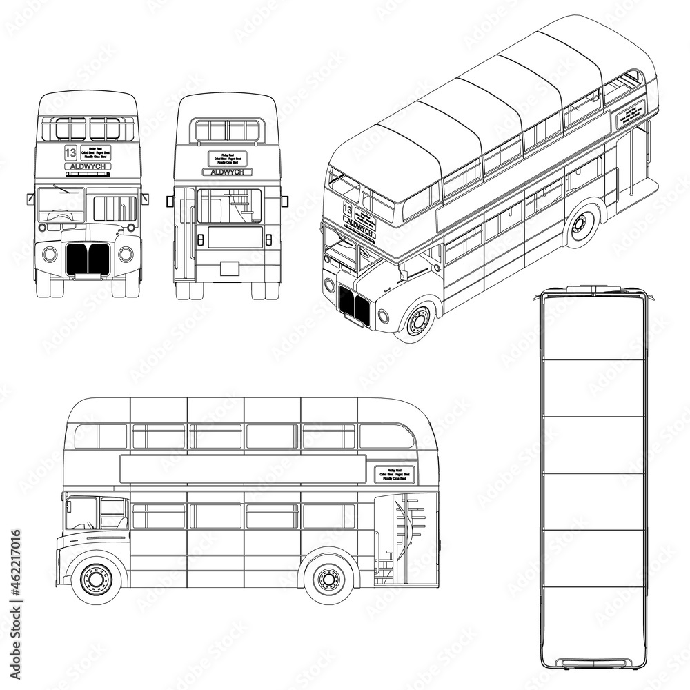 Poster set with the contours of a double-decker retro english bus from black lines isolated on a white back