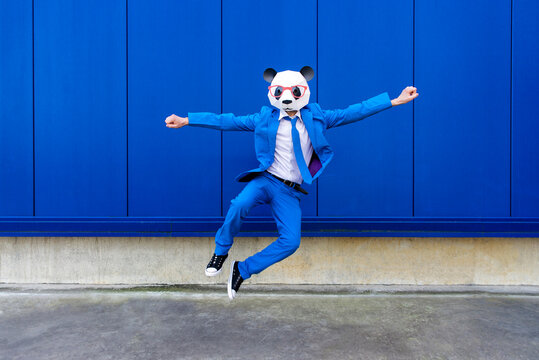 Man wearing vibrant blue suit and panda mask jumping against blue wall