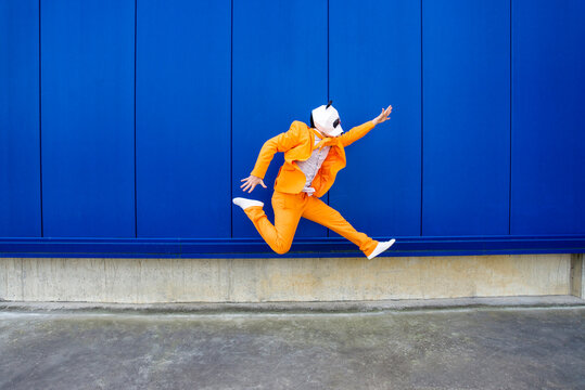 Man wearing vibrant orange suit and panda mask jumping against blue wall