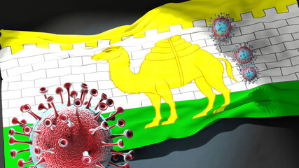 Covid in Chelyabinsk - coronavirus attacking a city flag of Chelyabinsk as a symbol of a fight and struggle with the virus pandemic in this city, 3d illustration