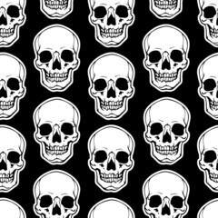 seamless illustration of white cartoon human skulls