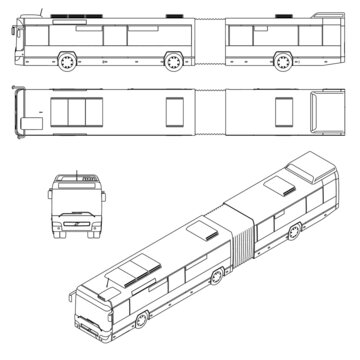 Set with the contours of a long bus from black lines isolated on a white background. Front, side, top, isometric view. Vector illustration