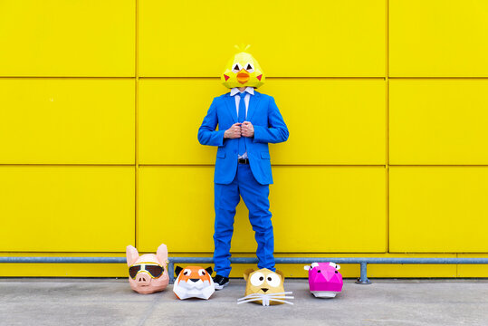 Man wearing vibrant blue suit and bird mask standing in front of yellow wall with various animal masks