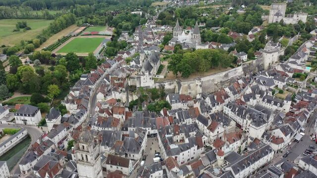Flight over the city Loches and the Royal castle Loches on summer day. France