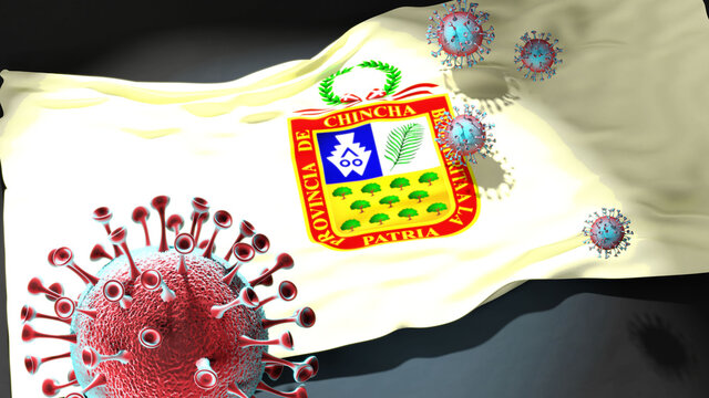Covid in Chincha Alta - coronavirus attacking a city flag of Chincha Alta as a symbol of a fight and struggle with the virus pandemic in this city, 3d illustration