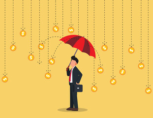 Business under a coin rain. concept of success. vector illustration