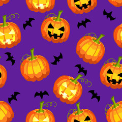 Seamless pattern on the Halloween holiday theme. Pumpkins and bats on a purple background.