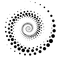 Vector editable graphics. Monochrome dots in the form of a circle, a spiral. Round geometric logo, stencil, dotted frame, web banner, poster, cover, social media splash with place to place your text.