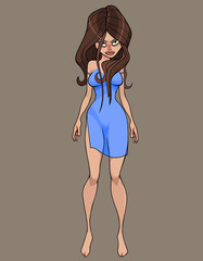 cartoon beautiful long haired woman in a short blue dress looks sullenly