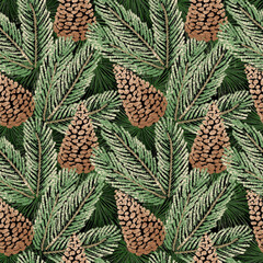 Seamless pattern with fir branches and cones on them Christmas tree