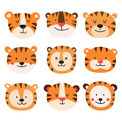 Cute tiger set. Vector illustration hand drawing doodle style