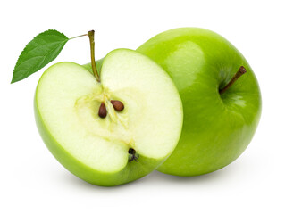 Fresh green apple fruit and halves with leaves isolated on white background.